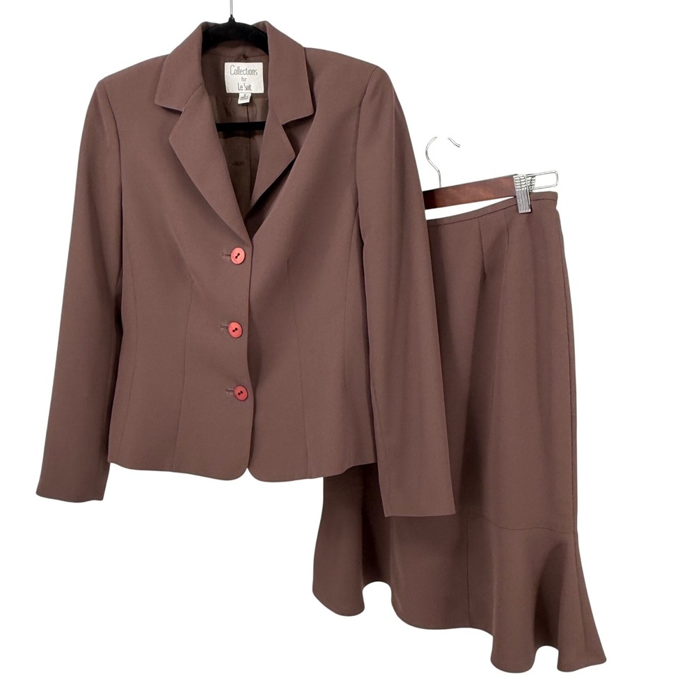 Le Suit Women 8 2pc Blazer Skirt Suit Set Lined Brown Flounce Hem Career